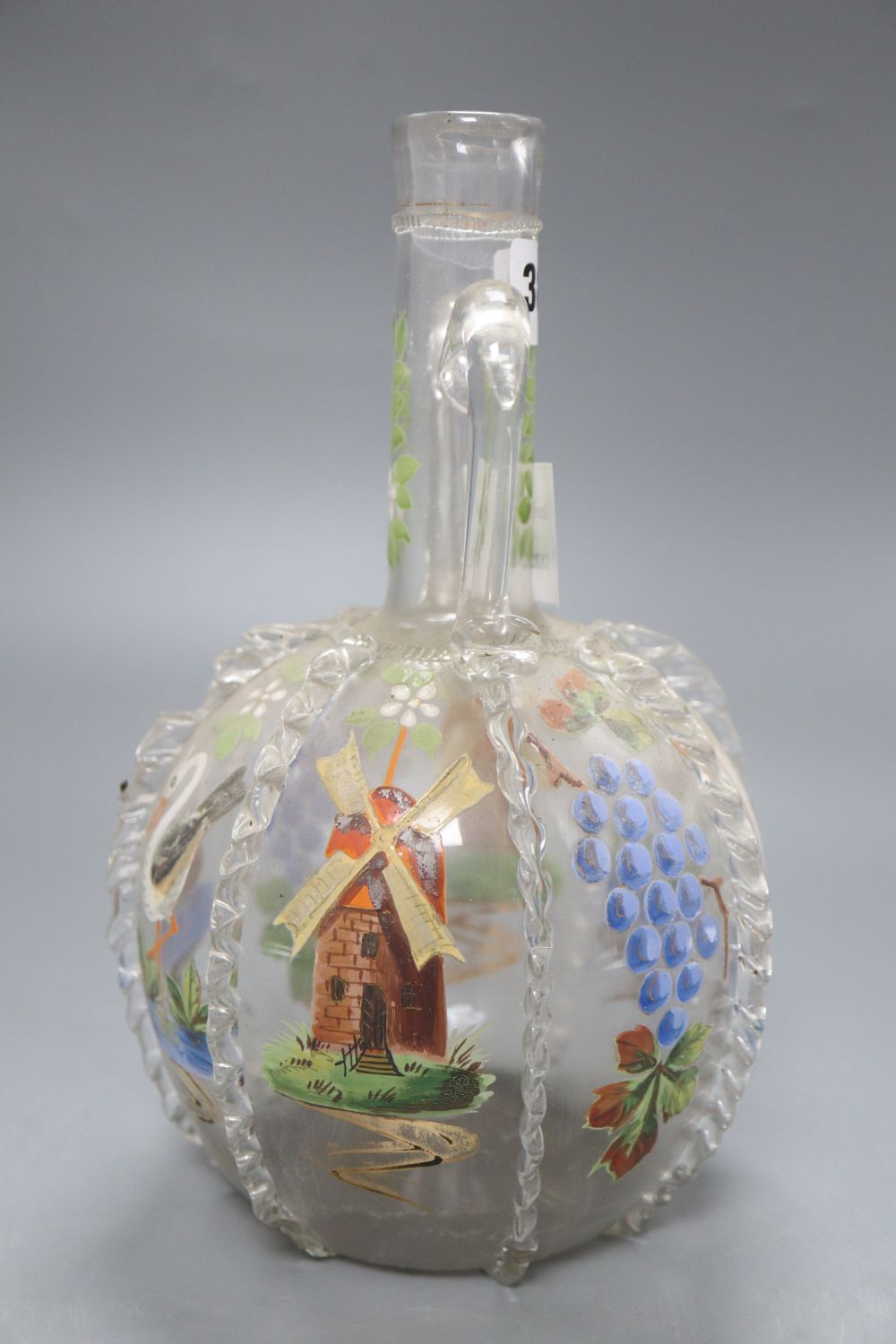 A Belgian enamel painted glass decanter, height 25cm